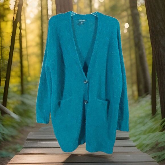 Eileen Fisher SP Teal Soft Mohair Wool Grampacore Button Down Cardigan Sweater - Picture 2 of 10